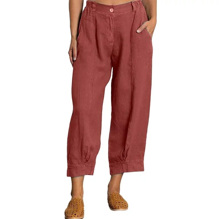 UKAP Women Cotton Linen Capri Mid Waist Palazzo Cropped Pants with Pockets Summer Solid Color Cas... | Walmart (US)