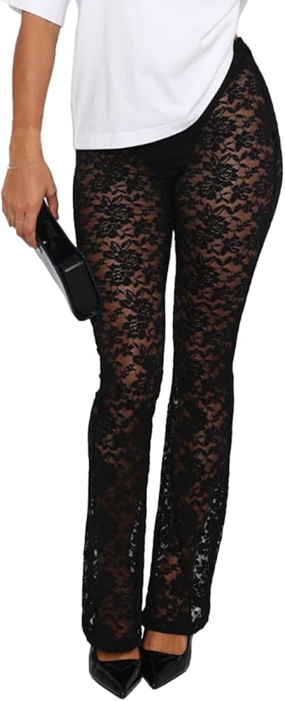 Lace Flare Pants for Women - Sexy See Through Mid-Waist Bell Bottom Leggings Trousers Party Clubw... | Amazon (US)