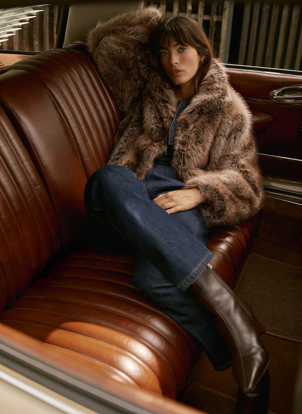 Neutral Faux Fur Cropped Jacket | Mint Velvet