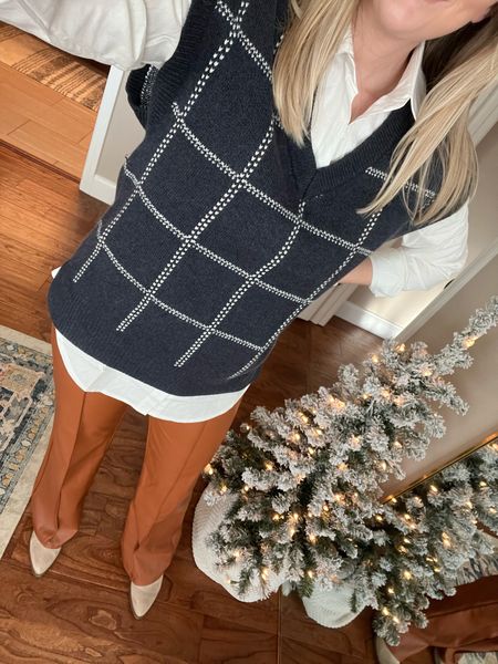 Oversized sweater vest with white collared shirt and cognac faux leather pants. 

Sized down one size in the pants! 

#LTKstyletip #LTKSeasonal #LTKunder50