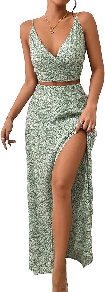Verdusa Women's 2 Piece Outfit Floral Print Wrap Cami Top and Maxi Skirt Sets | Amazon (US)