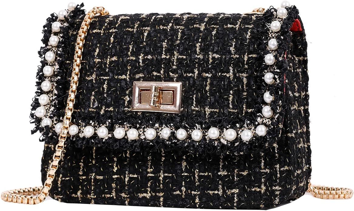 Amazon.com: Qiayime Purse and Handbags for Women Fashion Tweed Pearl Top Handle Satchel Shoulder ... | Amazon (US)