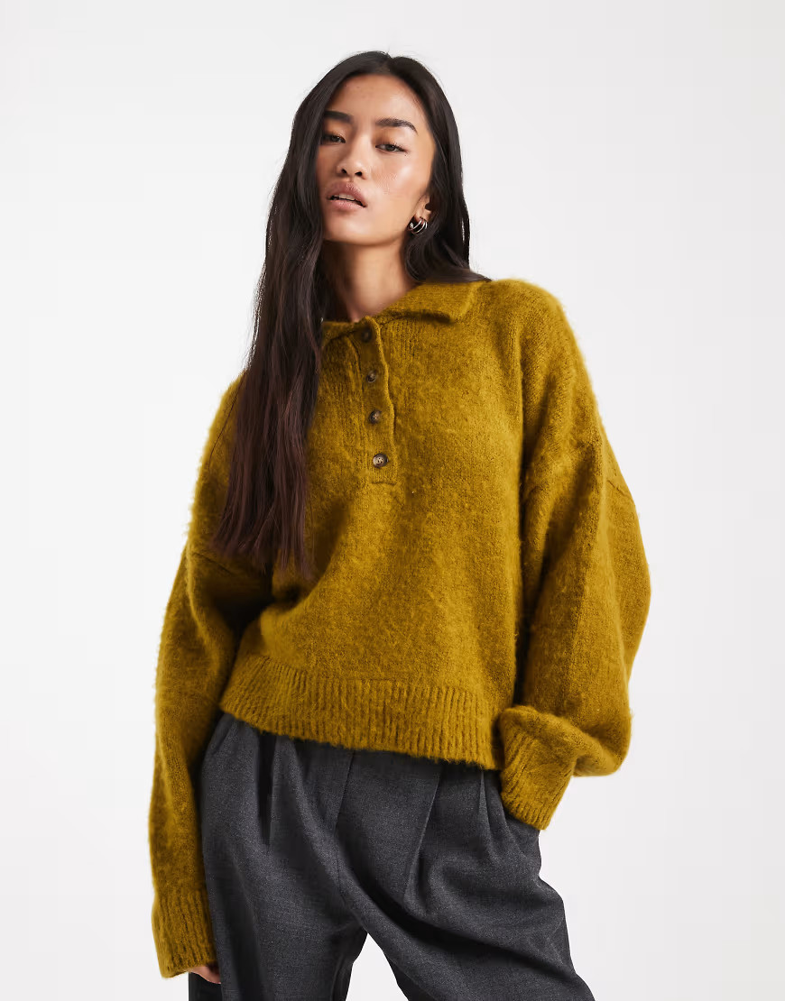 ASOS DESIGN brushed knit boxy polo in green | ASOS (Global)