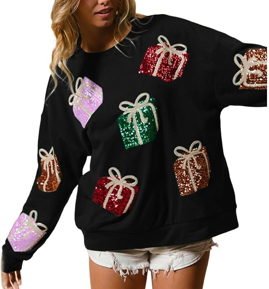 Women Christmas Sequin Oversized Sweatshirt Cute Funny Bow Graphic Pullover Long Sleeve Crewneck ... | Amazon (US)