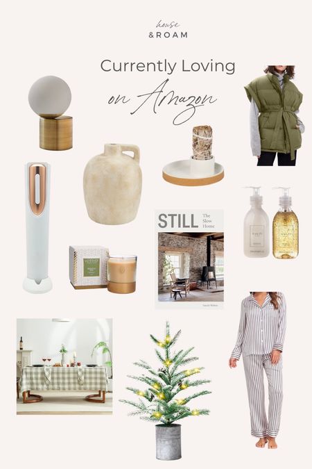 A few of my favorite items of the moment for this season on Amazon. Vest, soap, Votivo,  pajamas, gifts for her, coffee table book, pre lit tree, wine gifts, wine opener 