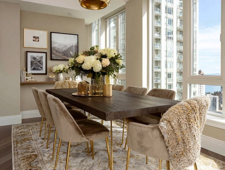 There’s a reason velvet chairs with gold accents never fail — they add instant richness without overwhelming the room. Paired with a dark wood dining table, this look strikes the perfect balance between simplicity and luxury, especially in a high-rise space where the view deserves attention. And if you’re someone who loves a bolder moment? Swap the neutral chairs for emerald velvet. The whole room shifts from “beautiful” to unapologetically sophisticated. Either way, this is a dining setup that never gets old.

#velvetdiningchairs #darkwoodtable #goldaccentdecor #highrisedining #emeraldvelvet #elegantanddriven 

 #LTKHome
