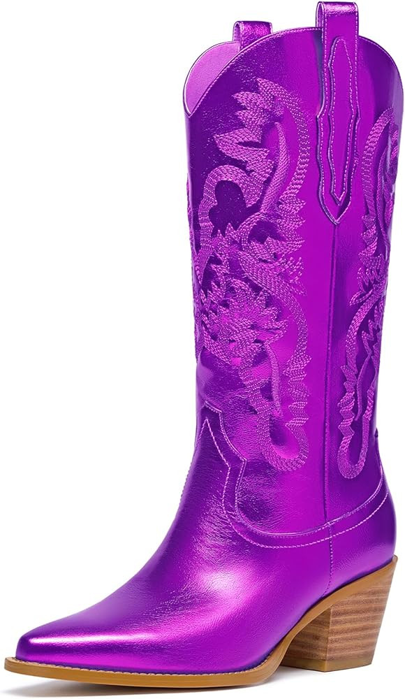 Mid Calf Metallic Cowboy Boots For Women Glitter Western Embroidered Cowgirl Boots Wide Calf Chun... | Amazon (US)