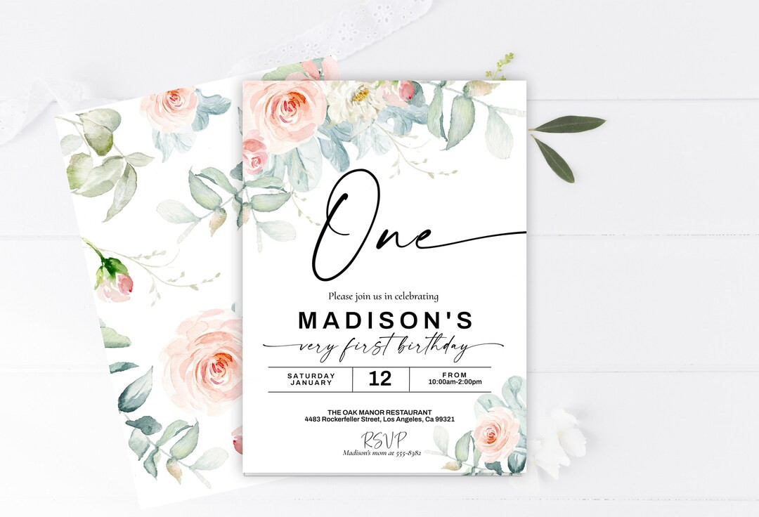 Blush Pink First birthday invitation, Floral blooms 1st birthday invitation, Pink flowers first b... | Etsy (US)