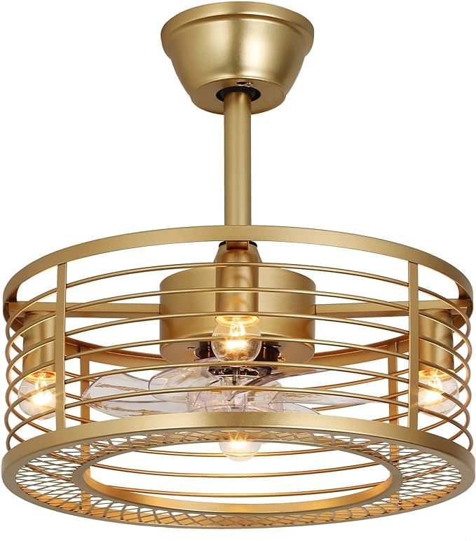Gold Caged Ceiling Fans with Lights and Remote Control 6-Speed Reversible Noiseless Motor 18" Fan... | Amazon (US)