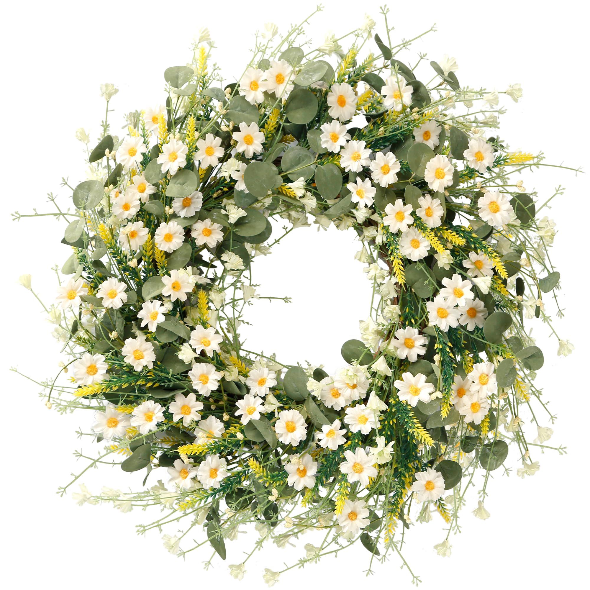Sggvecsy White Daisy Wreath 24 Inch Spring Summer Wreath Fake Silk Floral Wreath with Green Eucal... | Amazon (US)