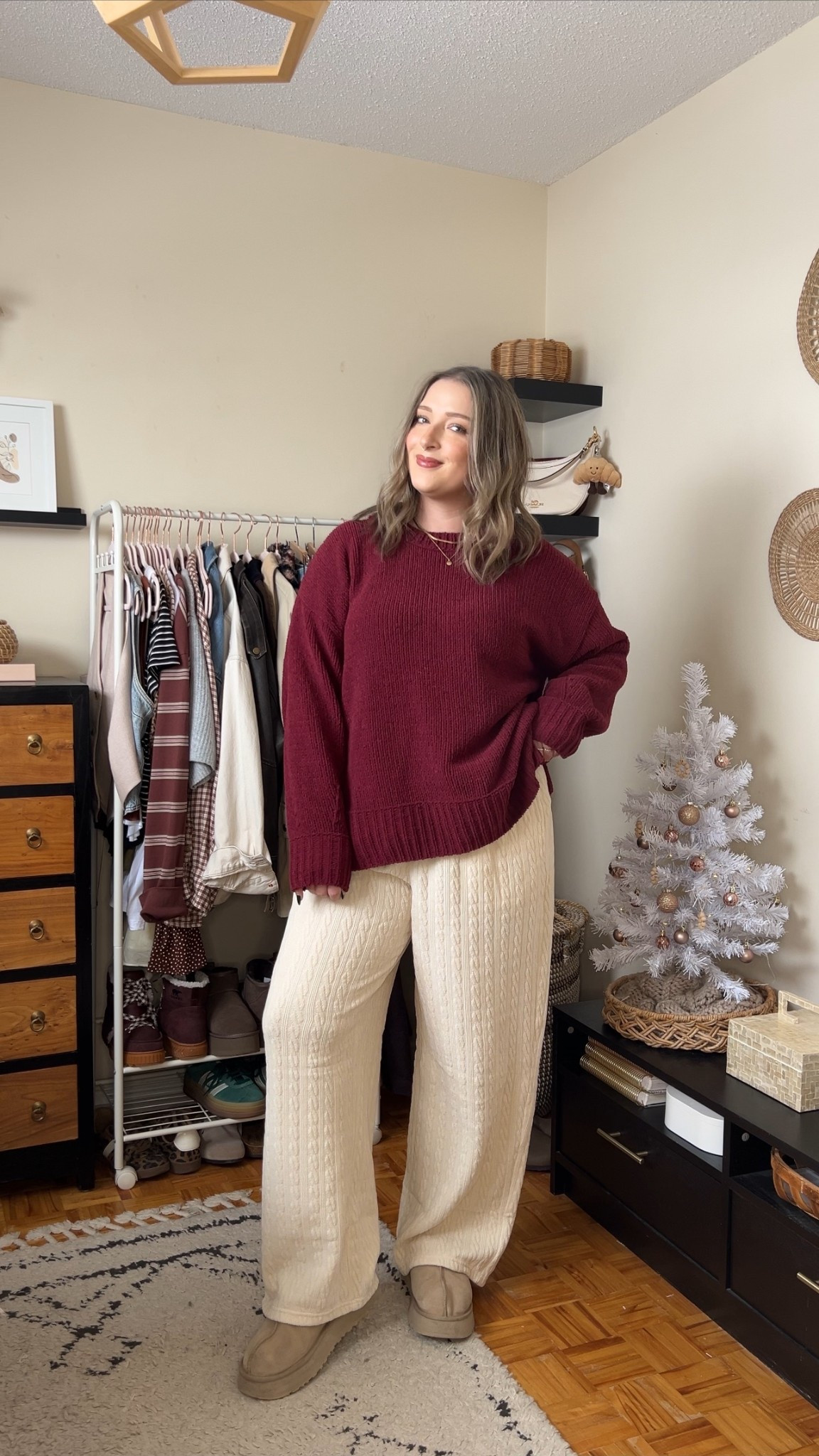 Comfy winter outfit from Aerie! Sweater is super soft chenille and I love the burgundy color! These cable knit pants are so cozy and on trend! Wearing my usual size L in both. Ugg tazz platforms are TTS.

#LTKsale #LTKwinter #LTKmidsize