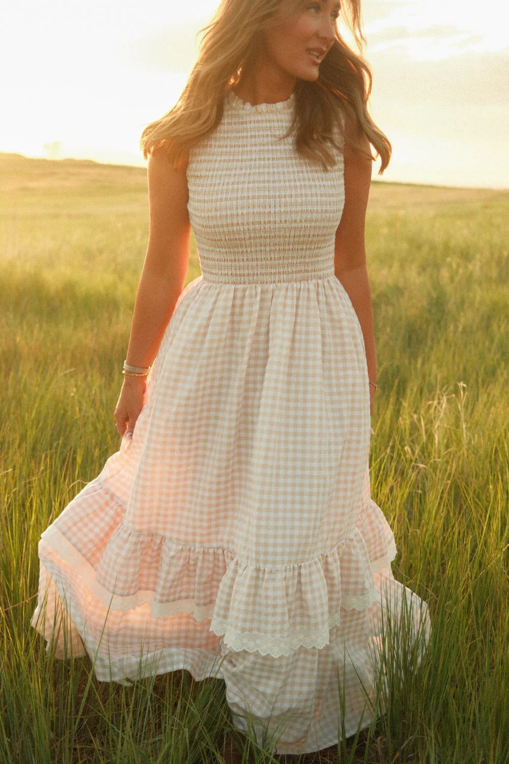 Presley Sleeveless Dress in Cream Gingham | Ivy City Co