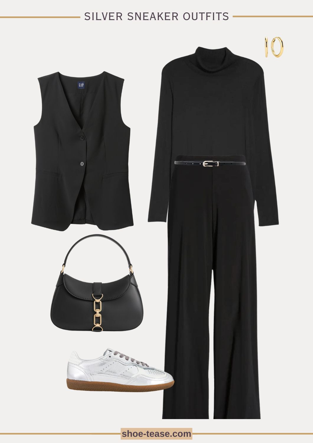 All black fall outfit with silver sneakers, black turtleneck, and long vest  

#LTKSeasonal #LTKOver40