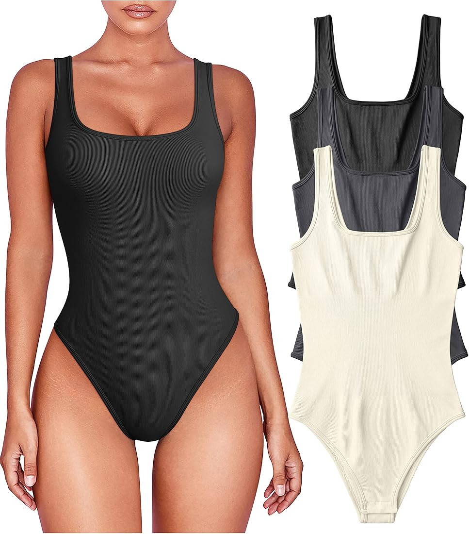 OQQ Women's 3 Piece Bodysuits Sexy Sleeveless Square Neck Shapewear Tank Tops Bodysuits | Amazon (US)