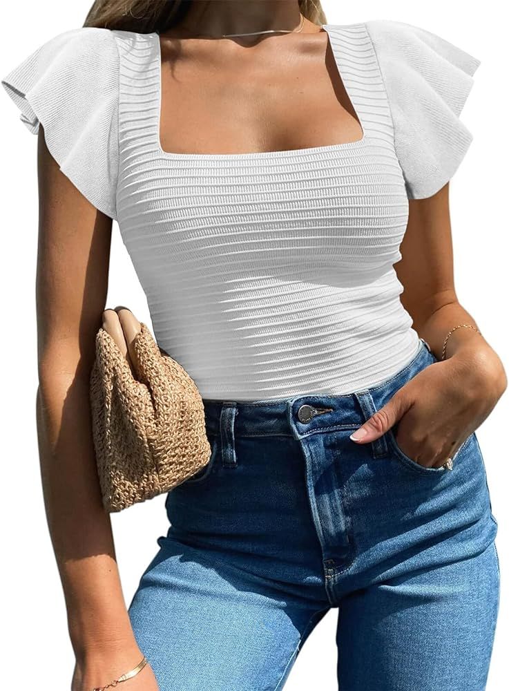 BZB Womens Summer Tops 2024 Ruffle Sleeve Square Neck Shirts Casual Slim Fitted Ribbed Knit Blous... | Amazon (US)