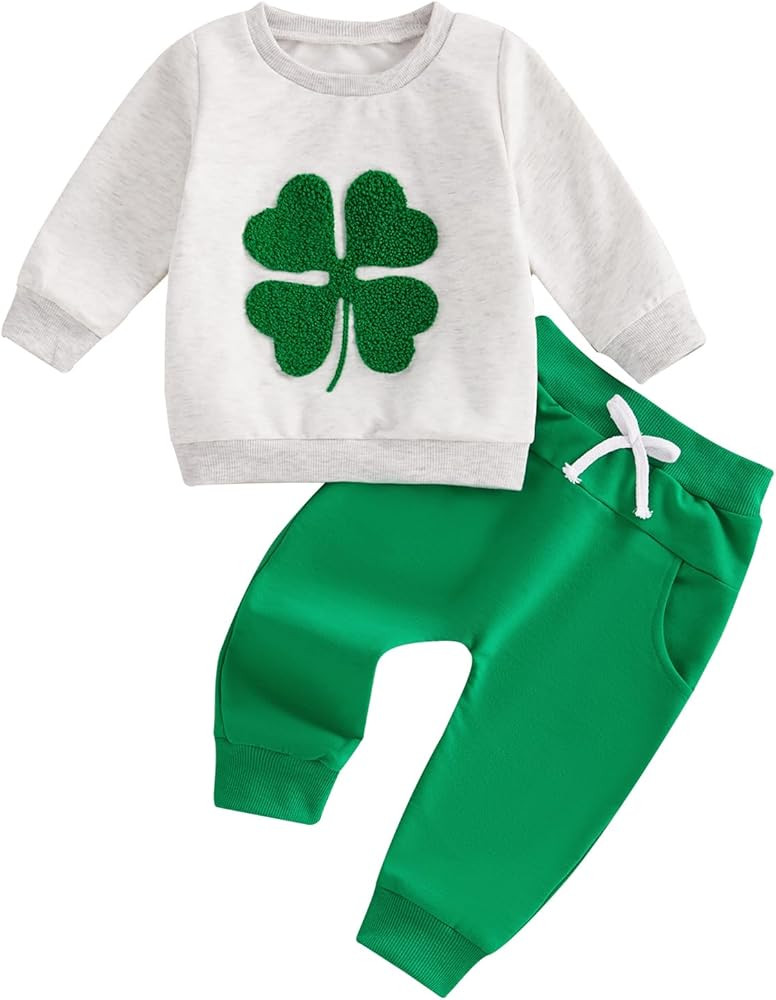 Lesimsam Toddler Baby Boy Girl St. Patrick's Day Outfit Four-Leaf Clover Embroidery Long Sleeve S... | Amazon (US)