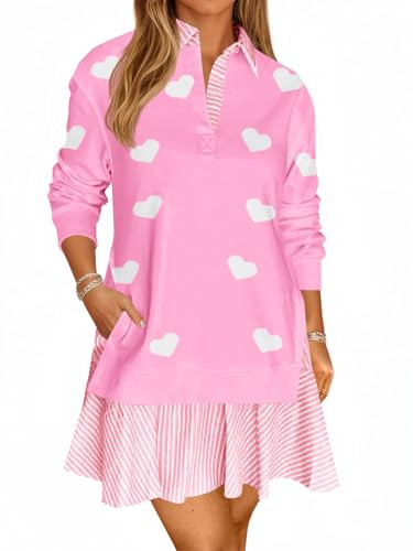 Wenrine Womens Oversized Sweatshirt Dress Casual Long Sleeve Heart Valentines Collared V Neck Loose Patchwork Mini Dresses | Amazon (US)