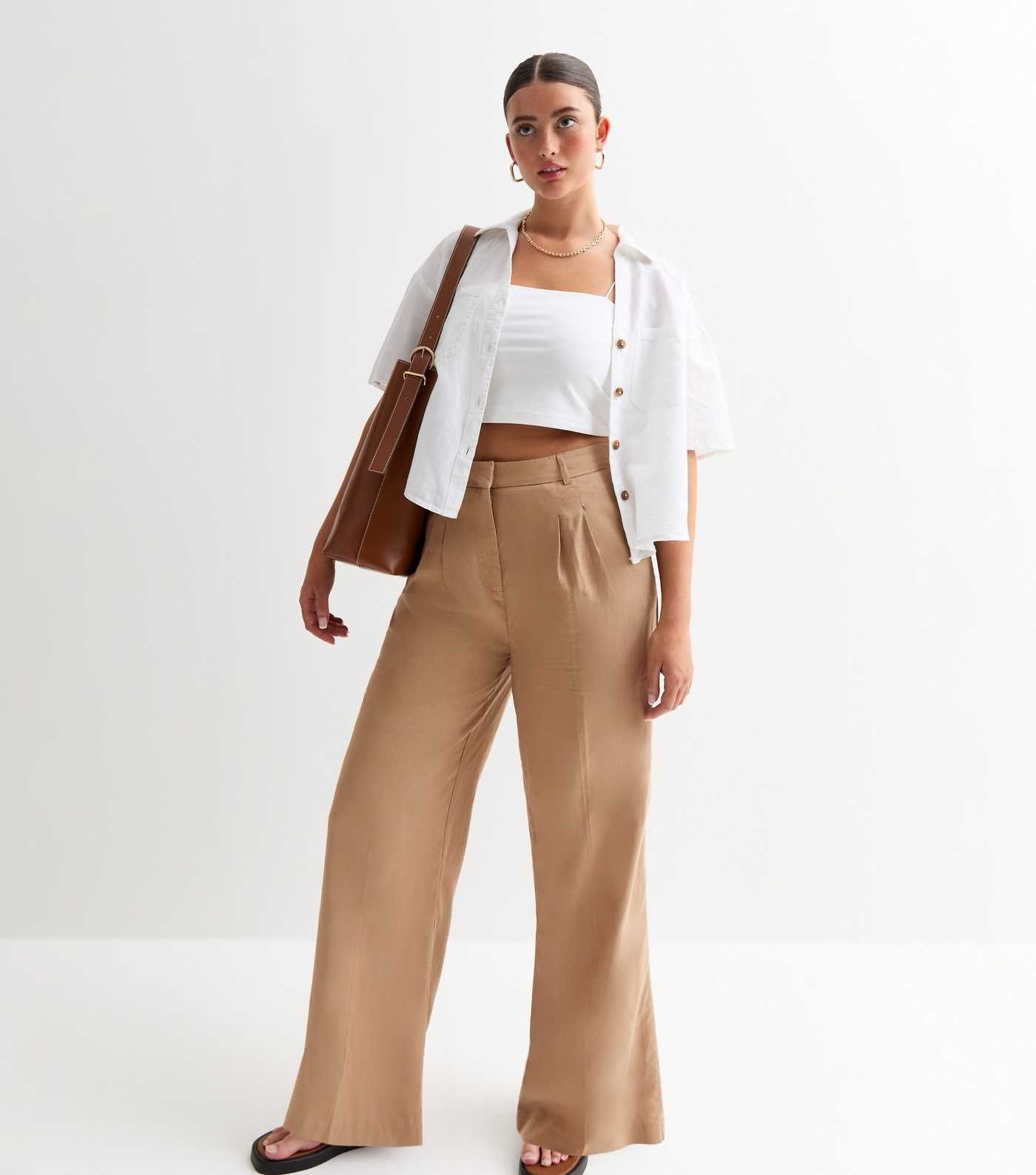 Light Brown Linen Blend Wide Leg Trousers | New Look | New Look (UK)