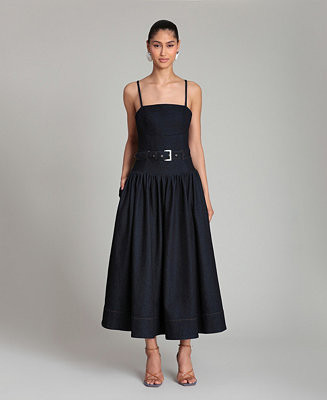 Avec Les Filles Women's Belted Drop Waist Stretch Denim Midi Dress - Macy's | Macy's