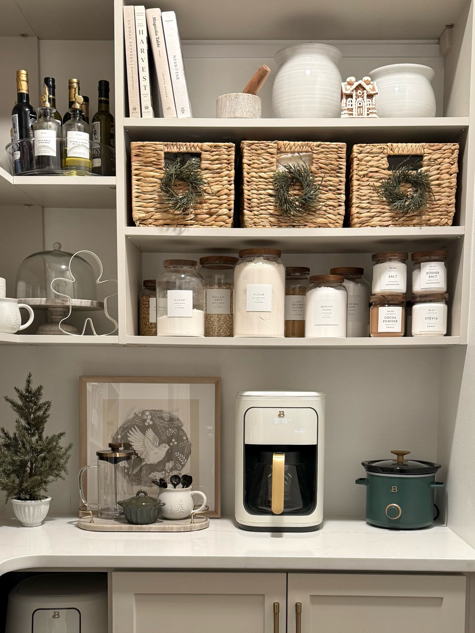 Holiday Pantry 

Coffee maker / coffee press / crockpot / appliances / beautiful Walmart / baskets / glass canisters / pantry labels / studio McGee artwork / marble tray / tree / fluted / gingerbread house / mugs / coffee spoons / ramekins / hearth and hand / Target finds / Amazon home / Olive oil jar / mini wreaths 
