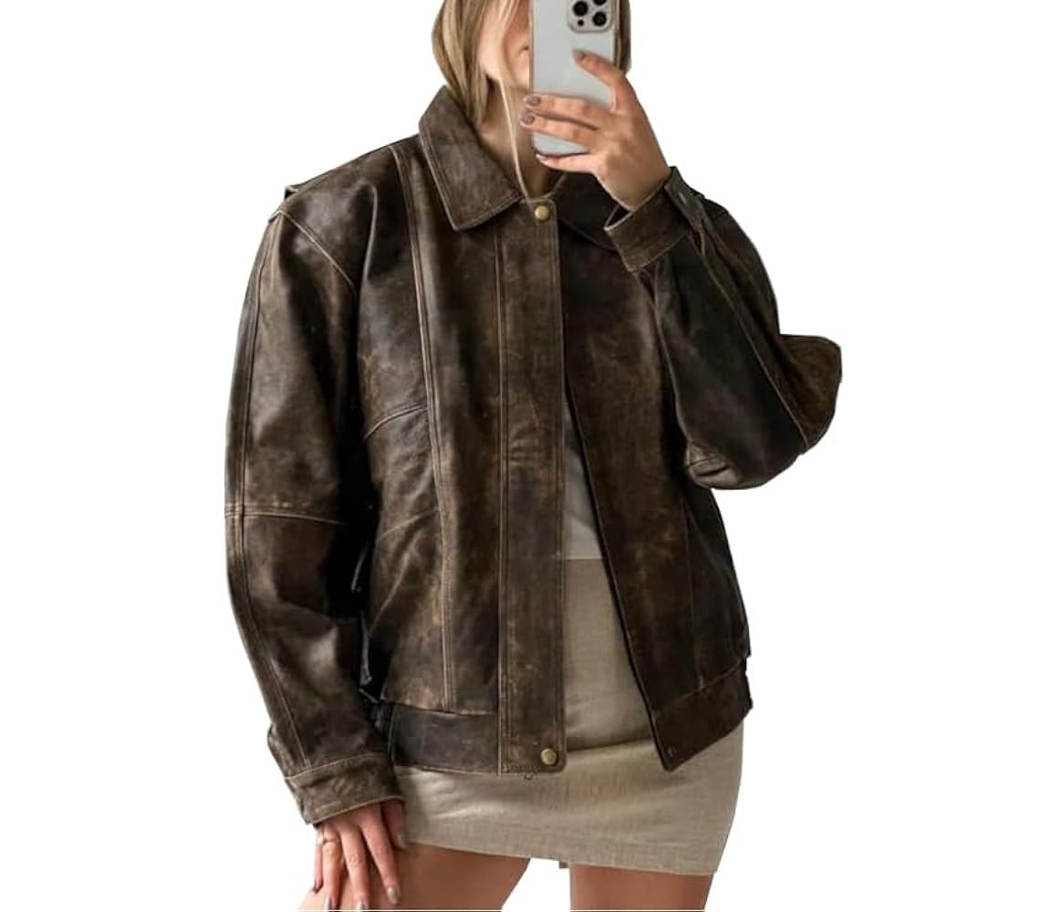 Women 80s Oversize Vintage Style Distressed Brown Lambskin Real Leather Classic Jacket | Amazon (US)
