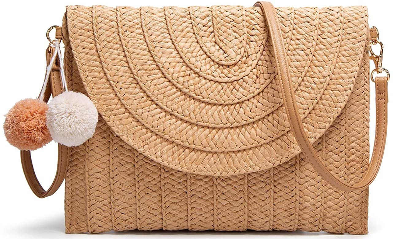Straw Shoulder Bag Straw Clutch Women Hand-woven PomPom Straw Crossbody Bag Summer Beach Envelope... | Amazon (US)