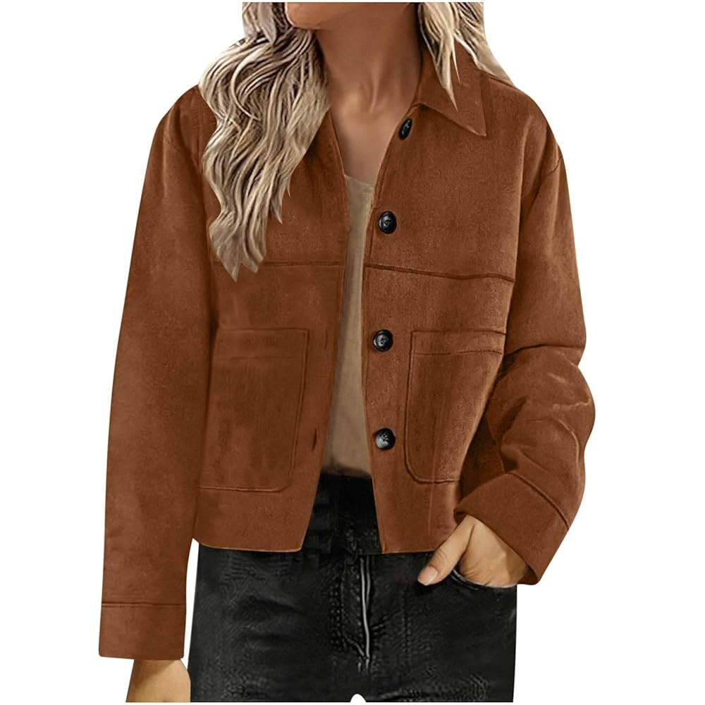 Suede Jackets For Women 2025 Casual Button Down Cropped Jacket Fall Long Sleeve Outerwear Coats W... | Amazon (US)