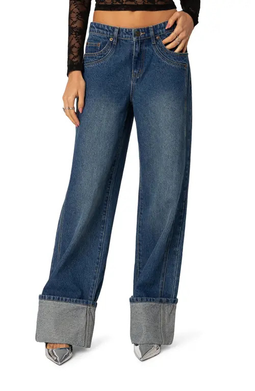 EDIKTED Vesper Cuffed Wide Leg Jeans in Blue at Nordstrom, Size Medium | Nordstrom