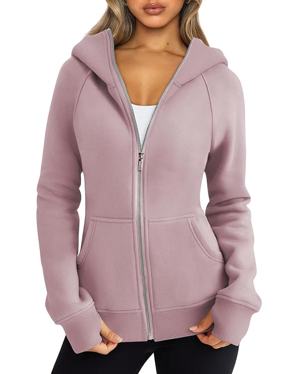 Trendy Queen Women's Full Zip Up Hoodie - Fitted Long Sleeve Sweatshirts for Fall and Winter | Amazon (US)