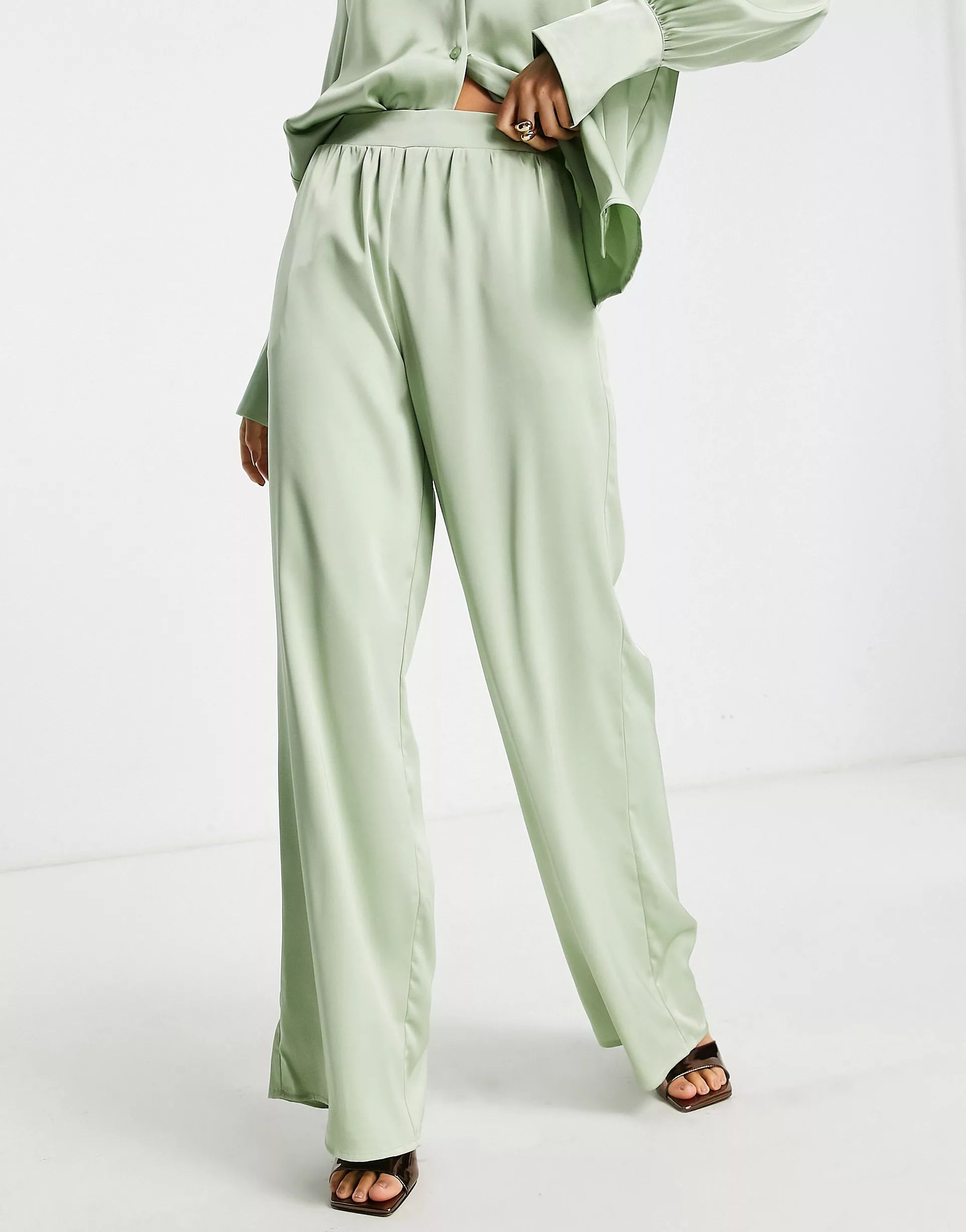 Pretty Lavish relaxed satin shirt and pants set in mint | ASOS (Global)