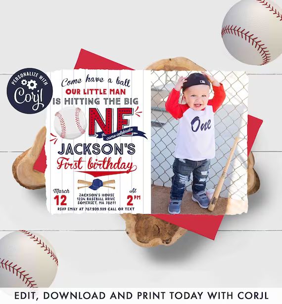 Baseball Invitation Baseball Birthday Invitation Baseball 1st Birthday Red White Blue Baseball 1s... | Etsy (US)