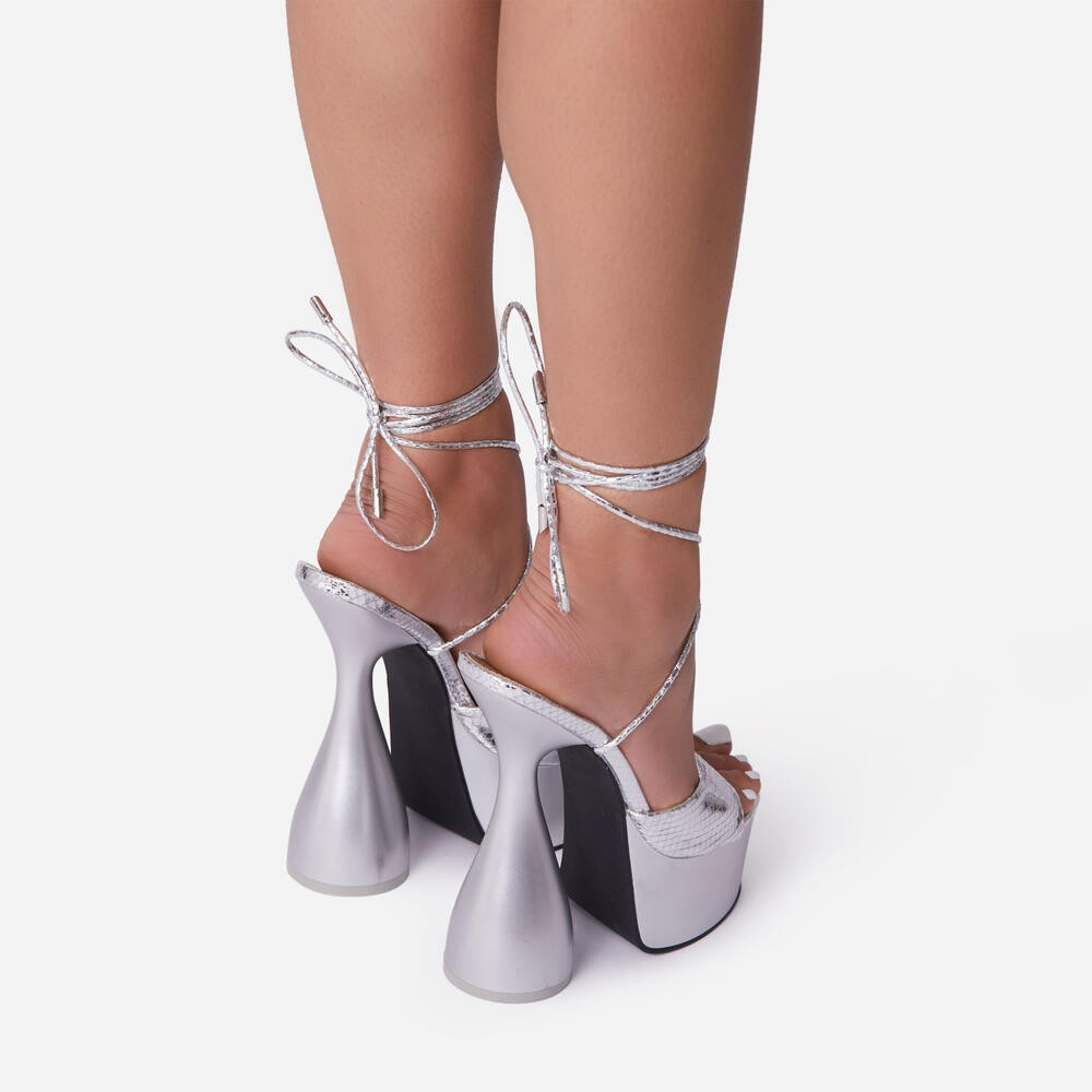 Bite-Me Lace Up Peep Toe Platform Statement Heel In Silver Snake Print Faux Leather | EGO Shoes (US & Canada)