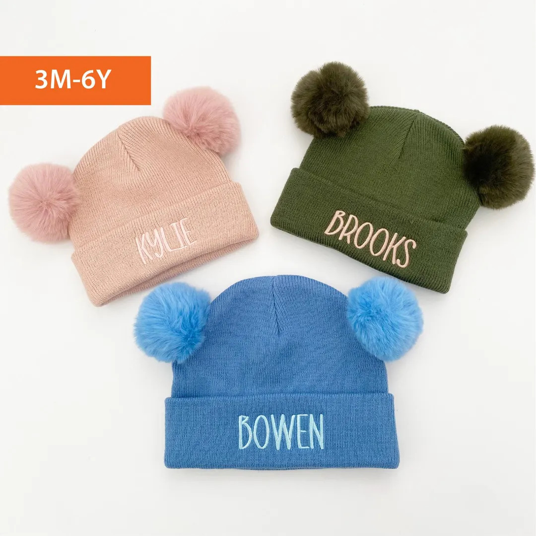 Embroidered Name Double Pom Pom Beanie Hat, Personalized Hat, Kids Name Hat, Unisex Toddler Hat, ... | Etsy (US)