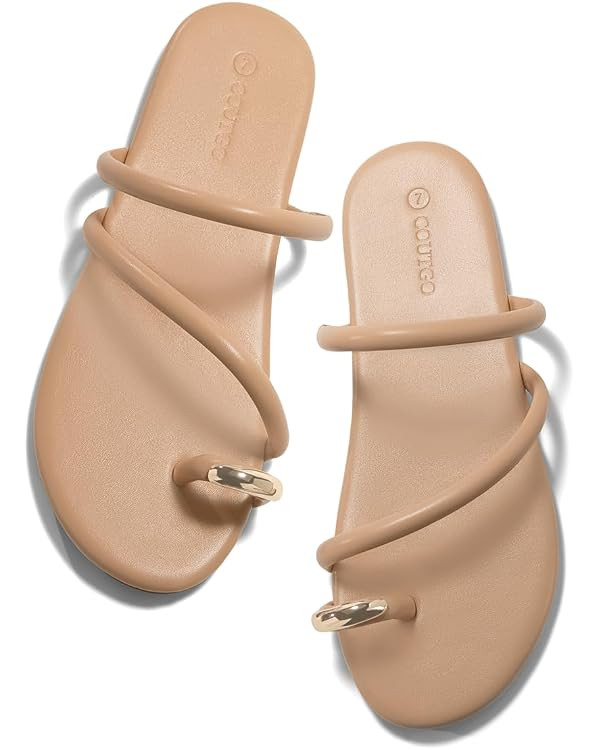 Coutgo Womens Strappy Flat Sandals Square Open Toe Flip Flops Slides Toe Ring Summer Dress Shoes | Amazon (US)