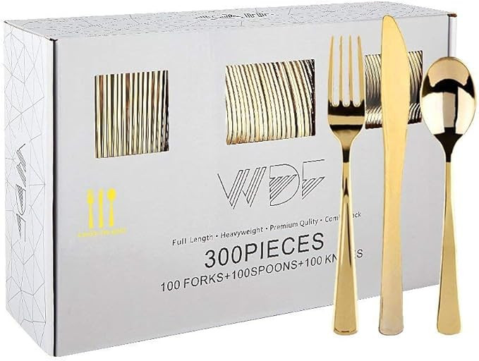 WDF300 Pieces Gold Plastic Silverware - Heavy Duty Disposable Cutlery Set Plastic Gold Silverware... | Amazon (US)