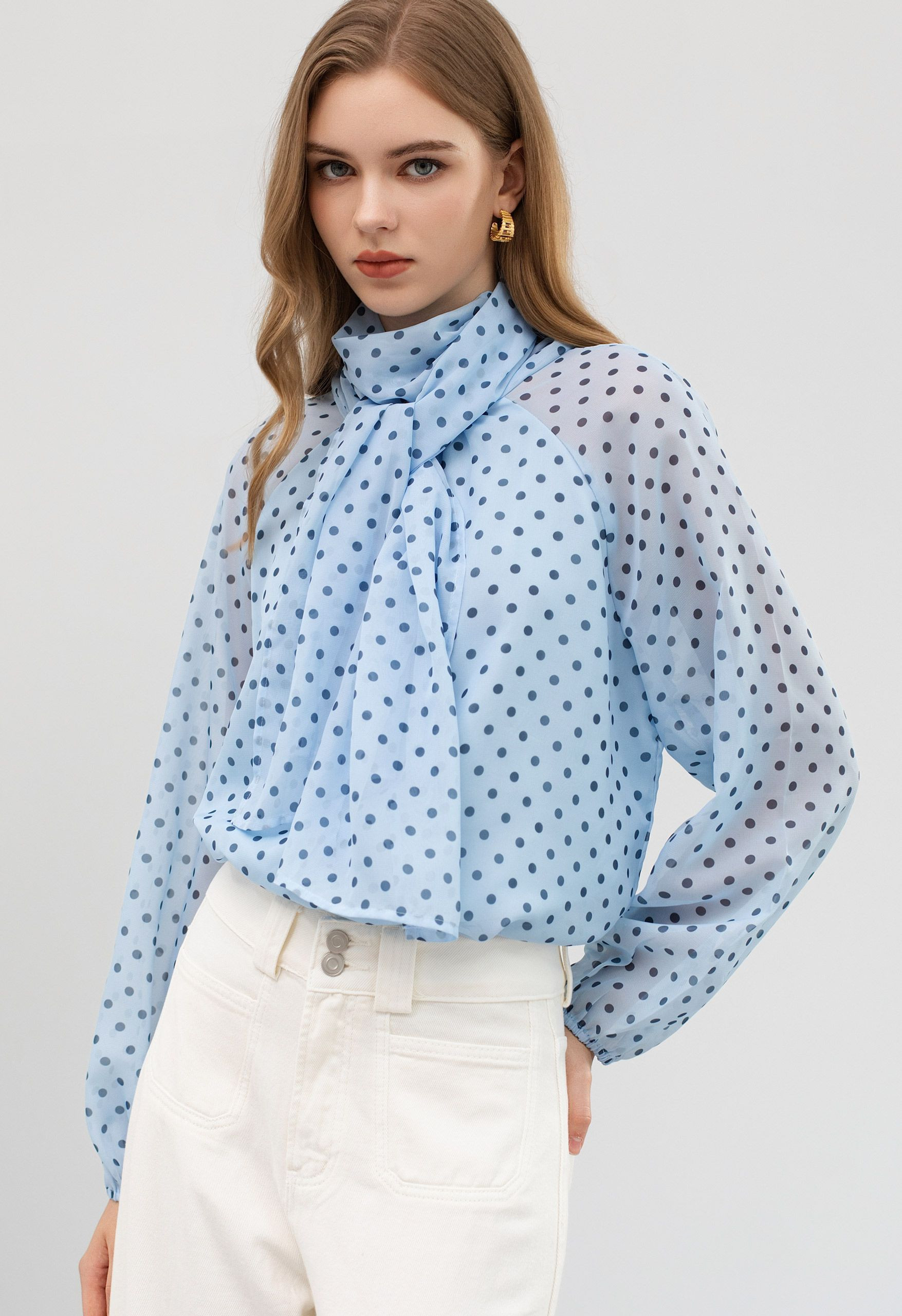 Polka Dot Tie-Sash High Neck Top in Light Blue for Weekend Picnics & Workdays | Chicwish