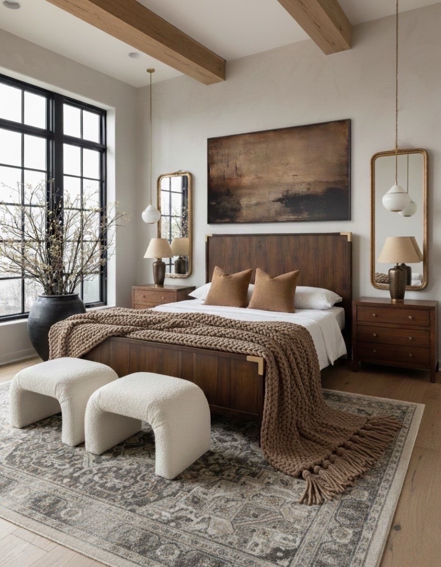 A serene bedroom, layered in warmth and texture. We paired walnut nightstands with the matching wood bed frame featuring clean modern lines that ground the space. The chunking knit throw blanket in rich mocha tone adds tactile comfort while cognac accent pillows tie in earthy warmth. Two U bench stools at the foot of the bed, introduce a sculptural softness, balancing the strong architectural elements like the black steel windows and exposed ceiling beams. A vintage inspired area rug anchors the room with muted patterning while pendant lights and brass trim mirrors, bring symmetry and quite sophistication. The abstract wall are above the bed introduces depth through its weathered bronze hues, completing a space that feels both grounded and elevated.

#LTKSaleAlert #LTKHome