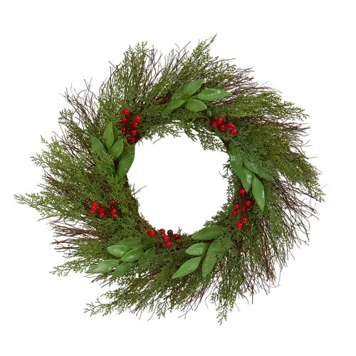 NEARLY NATURAL 20-in Cedar and Ruscus with Berries Artificial Wreath in Green/red at Nordstrom | Nordstrom