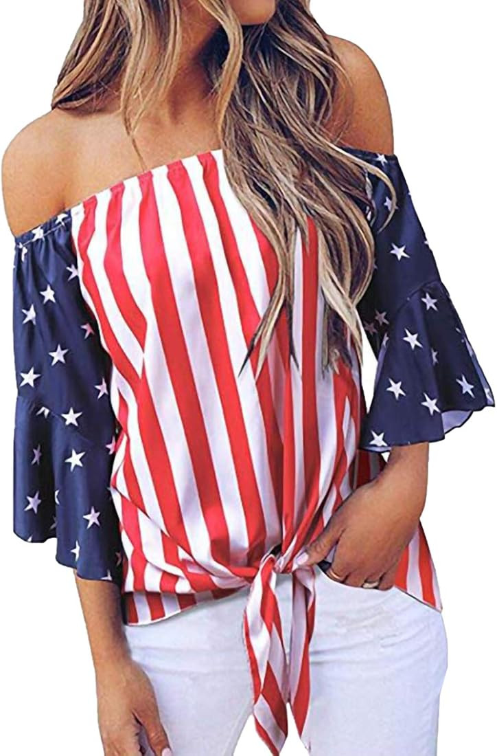 Anna-Kaci Women's USA American Flag Patriotic V-Neck Button 3/4 Bell Sleeve Loose Blouse Shirt To... | Amazon (US)