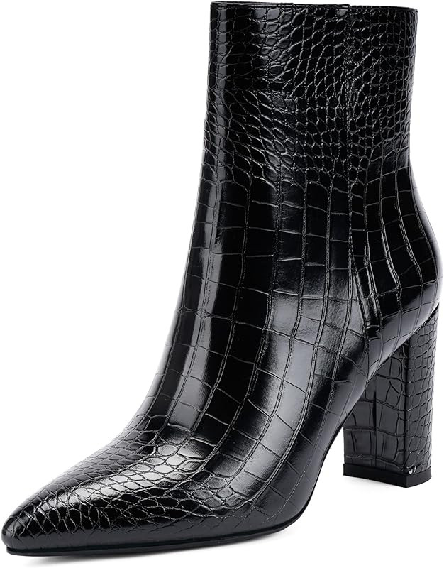 Modatope Ankle Boots for Women Pointed Toe Chunky High Heel Crocodile Booties Side Zipper Short B... | Amazon (US)