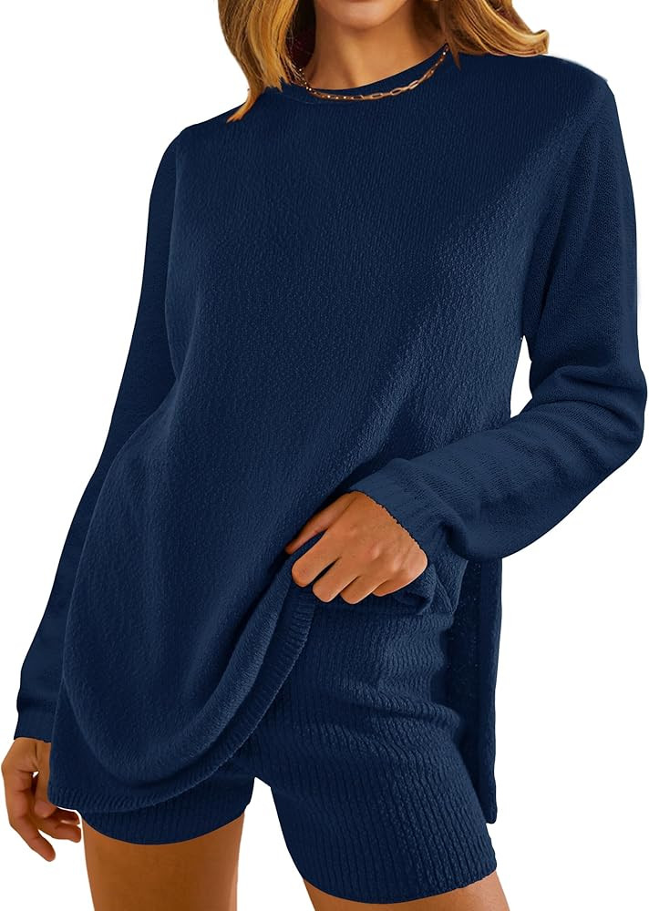 NENONA Women's 2024 Casual Two Piece Knit Outfits Long Sleeve Tunic Sweaters Top and Shorts Loung... | Amazon (US)