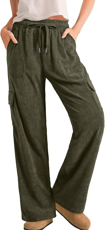 Sidefeel Womens Corduroy Pants Casual High Waisted Elastic Drawstring Cargo Loose Fit Wide Leg Pa... | Amazon (US)