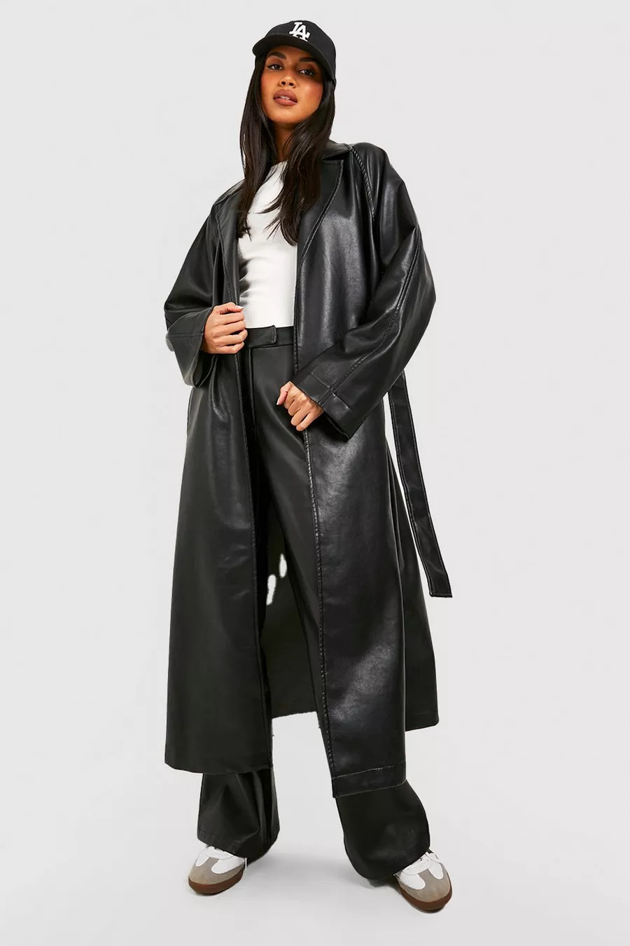 Oversized Faux Leather Belted Trench Coat | Boohoo.com (UK & IE)