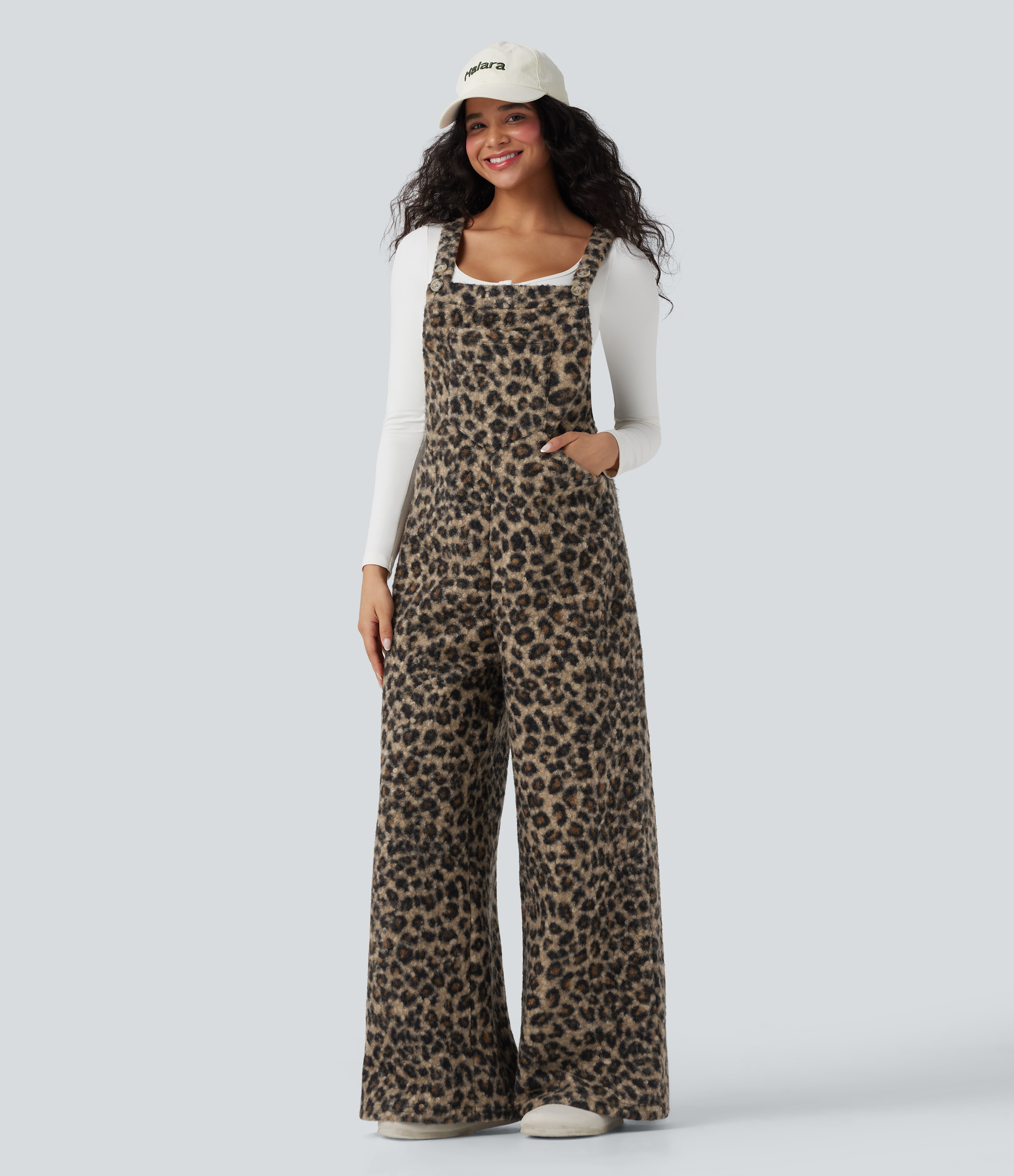 Halara Square Neck Leopard Print Teddy Casual Baggy Overalls with Pockets - Black Coffee Leopard Print - XL(regular) | HALARA