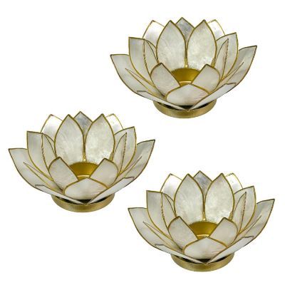 Things2Die4 White Capiz Shell Lotus Flower Small Tealight Candle Holder Set of 3 | Oriental Trading Company