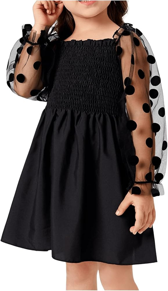 WDIRARA Toddler Girl's Polka Dots Mesh Flounce Long Sleeve Flared Shirred Dress | Amazon (US)
