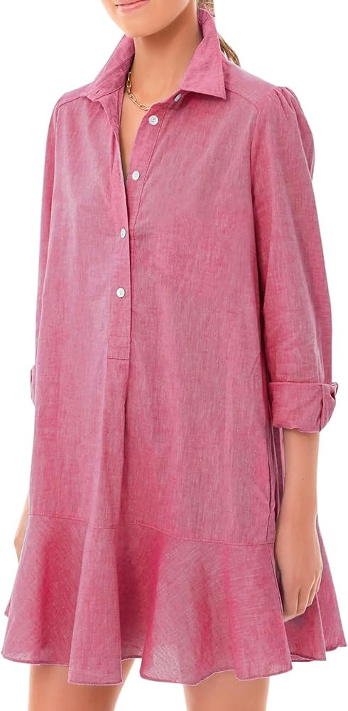 Women‘s Tunic Shirt Mini Dress Long Sleeve Cotton Short Dress Button Up Ruffle Hem Shift Dresse... | Amazon (US)
