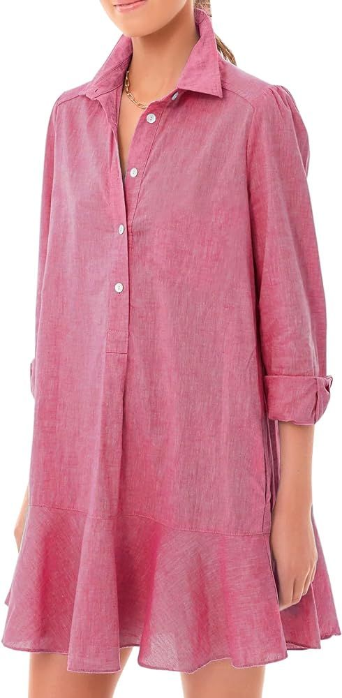 YEXPINE Women‘s Tunic Shirt Mini Dress Long Sleeve Cotton Short Dress Button Up Ruffle Hem Shif... | Amazon (US)