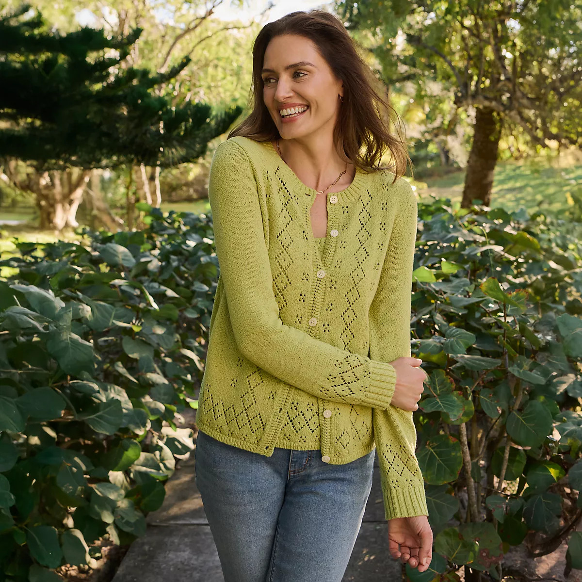 Women's Pointelle Crew Neck Cardigan Sweater | Lands' End (US)