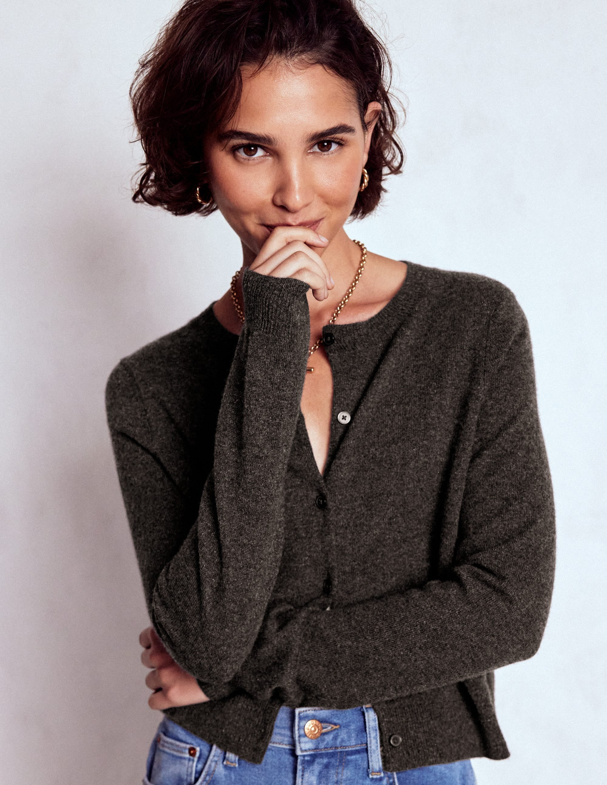 Eva Cashmere Cropped Cardigan-Charcoal Melange | Boden UK